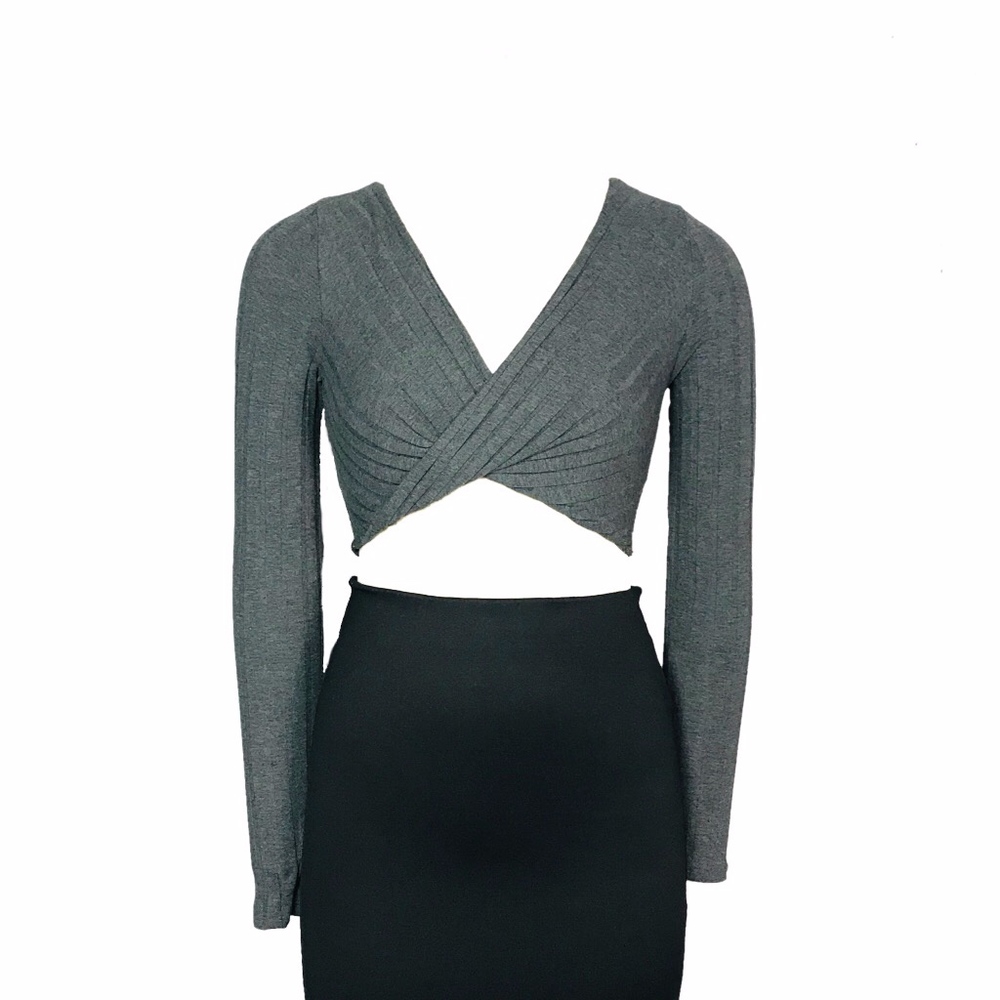 LF RUMOR Boutique Charcoal Long Sleeved Crop Top